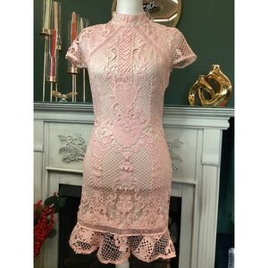 Superdown Lace Mini Dress SZ Small Pink Open Back Mock Neck Ruffle